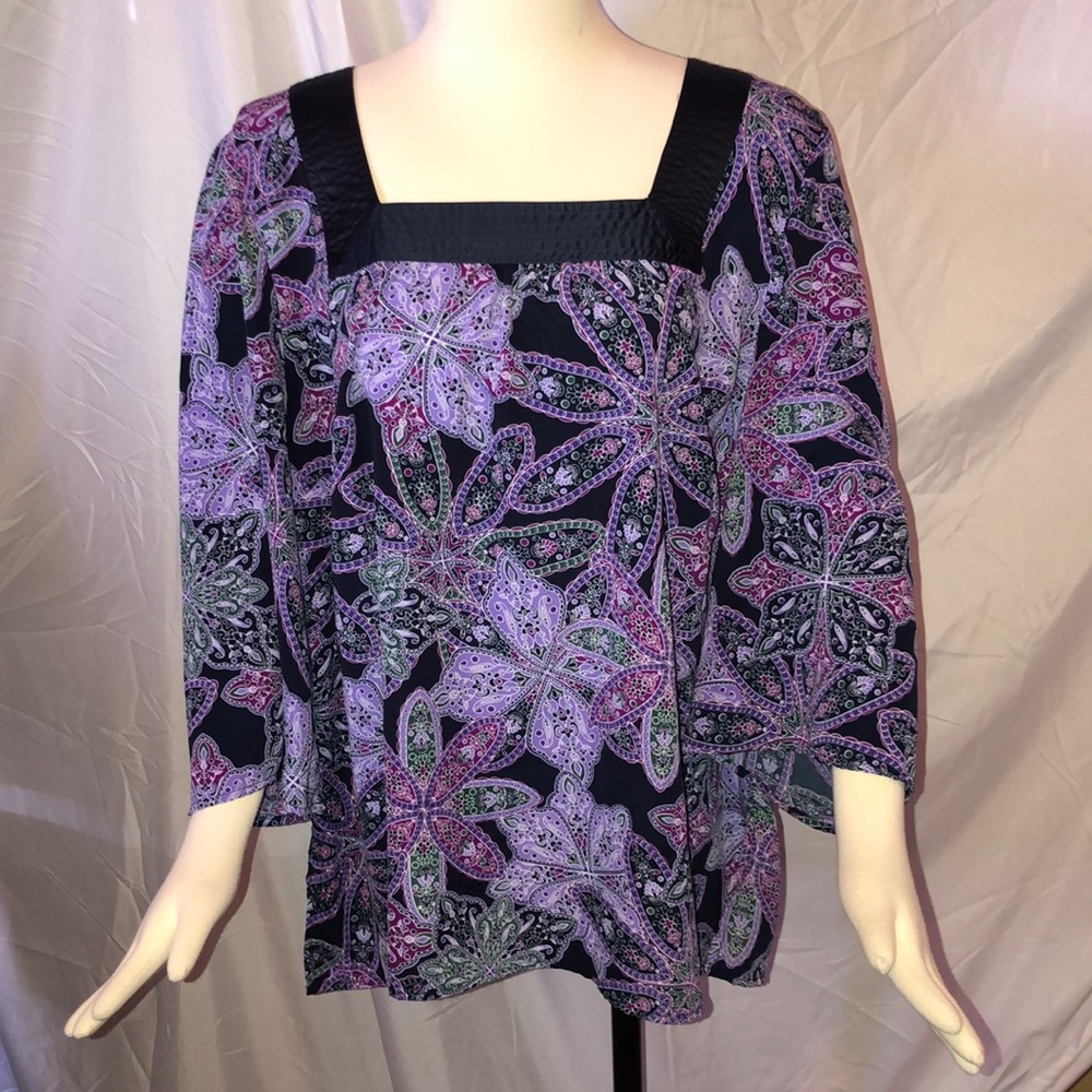 Avenue Black and Purple Paisley Square-Neck Blouse